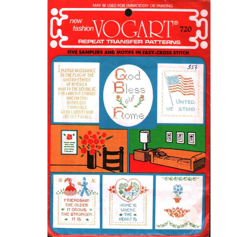 Vintage Vogart 720 Repeat Transfer Pattern Sampler Motifs Cross Stitch Patriotic